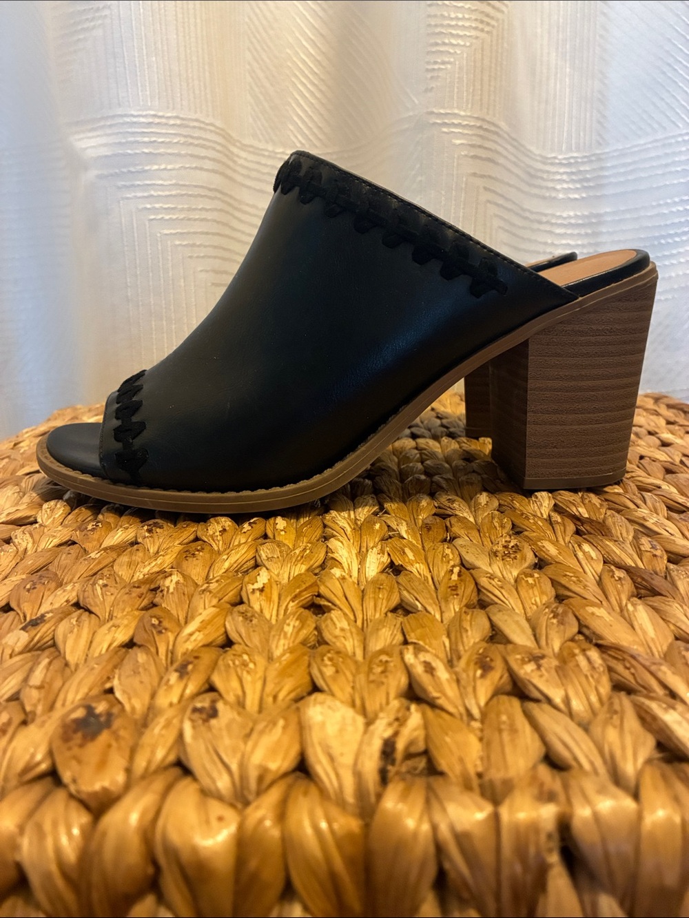 Black Open-Toe Block Heel Mule with Whipstitch Detail